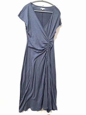 Max Studio Navy Wrap-Style Midi Dress with Side Ruched Tie